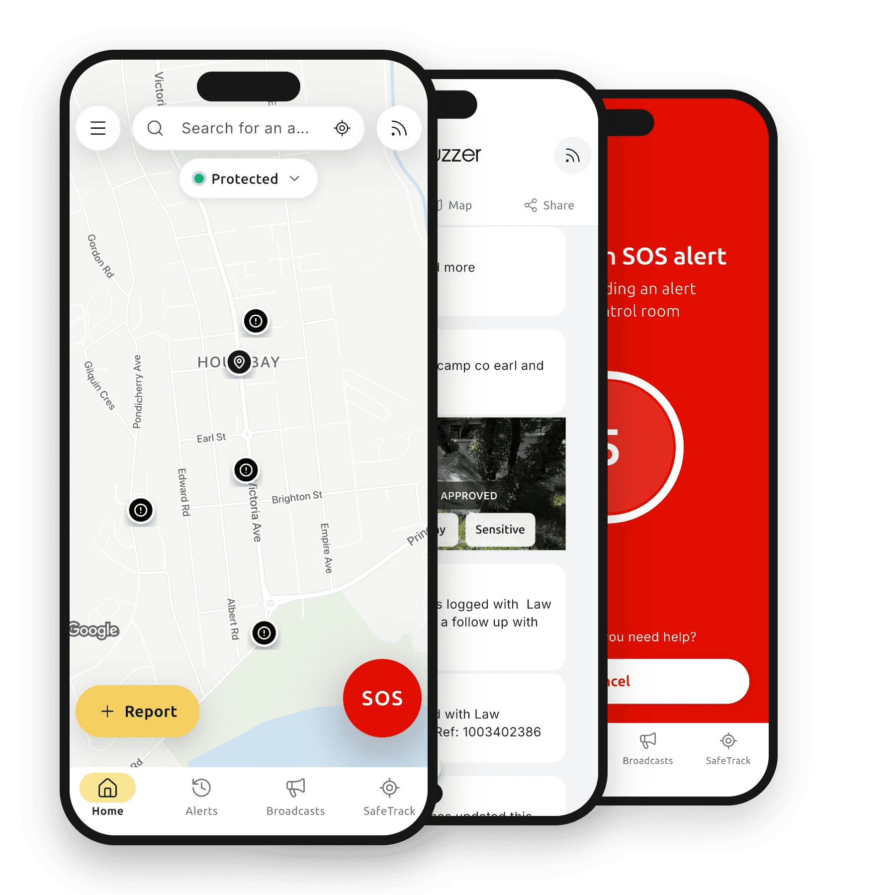 Buzzer app: home map, incident chat and SOS countdown